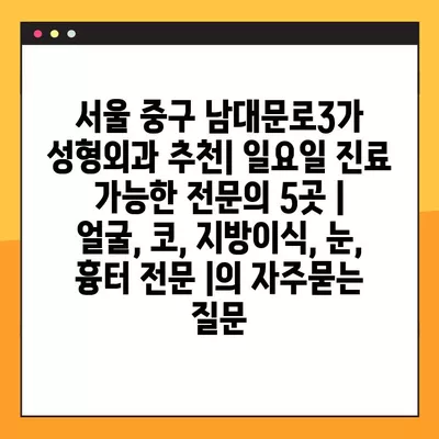 서울 중구 남대문로3가 성형외과 추천| 일요일 진료 가능한 전문의 5곳 | 얼굴, 코, 지방이식, 눈, 흉터 전문 |